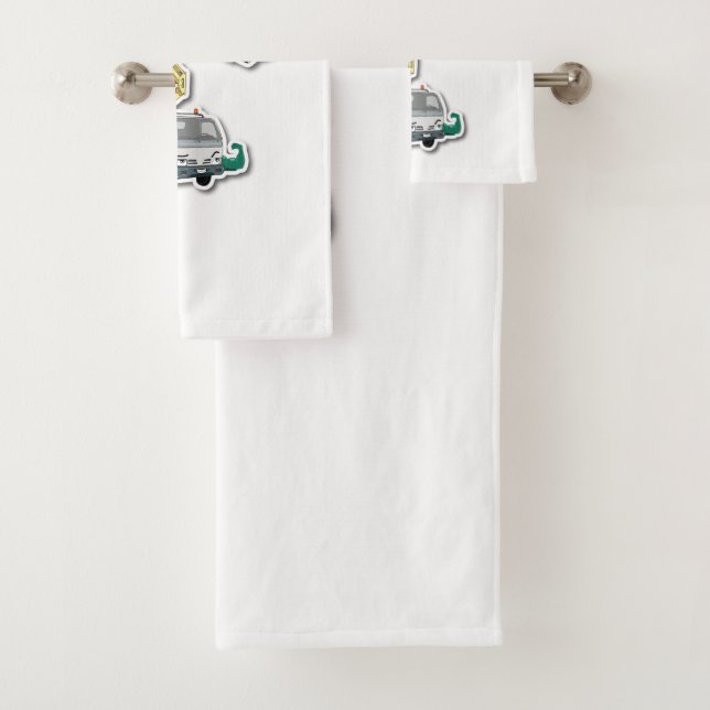 Gestaltbares Handtuch-Set mit Hebebühne-Grafik (In situ)