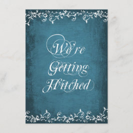 Gettting enganchó invitaciones azules rústicas de