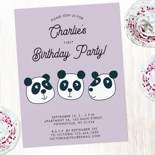 Giant Panda Bear Primera Invitación de Fiesta de C (Cute panda bear animal themed personalized first birthday party invitation)