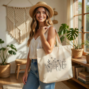 Gigante Bolso de Tela con Arte Botánico de Flores Silvestr
