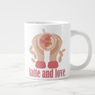 Gigante Latte y taza de amor, manos y cita de café