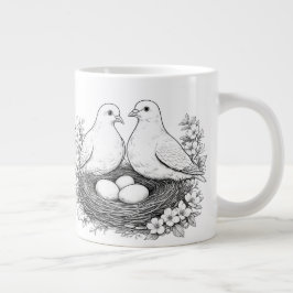 Gigante Taza de café con dibujo a lápiz de pájaros de amor