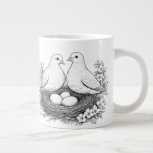 Gigante Taza de café con dibujo a lápiz de pájaros de amor