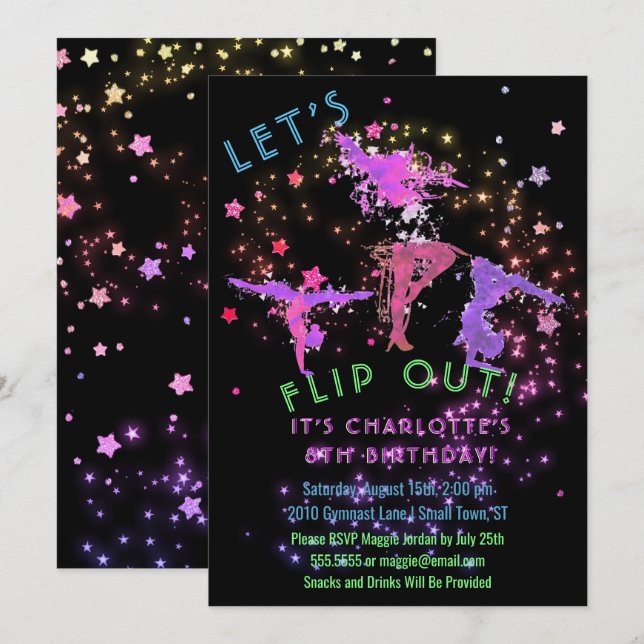 Gimnasia Flip Girls Birthday Party Invitación (Anverso / Reverso)