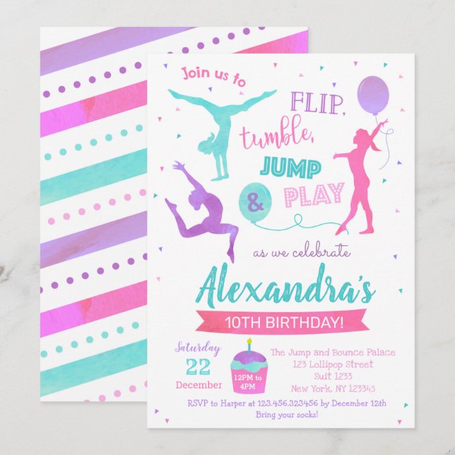 Gimnasia Invitación a fiesta de cumpleaños para Ch (Anverso / Reverso)