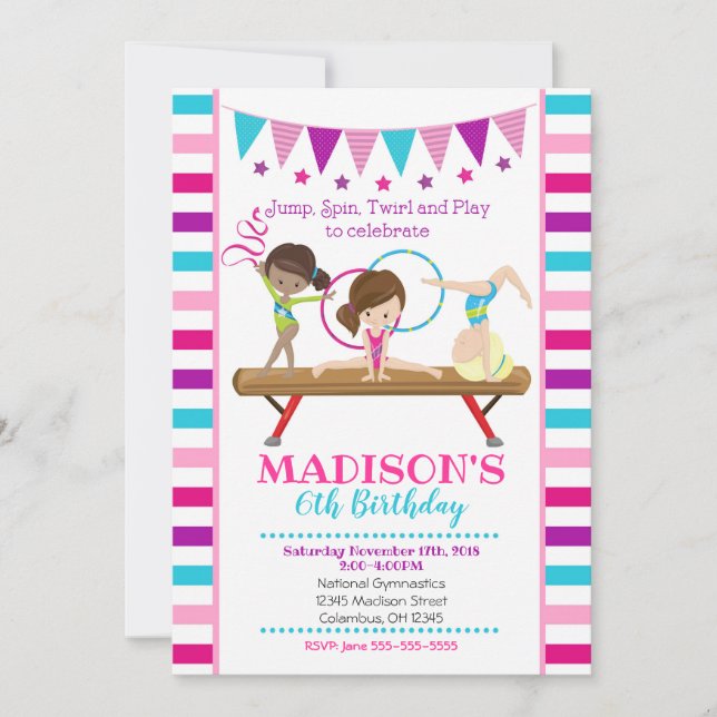 Gimnasia Invitación al cumpleaños / Chica / Verde  (Anverso)
