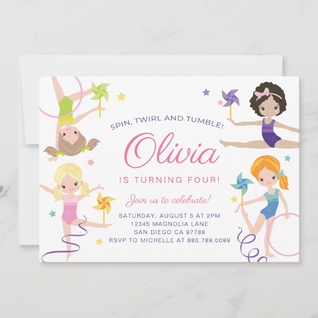 Gimnasia Invitación de cumpleaños con pinillos (Anverso)