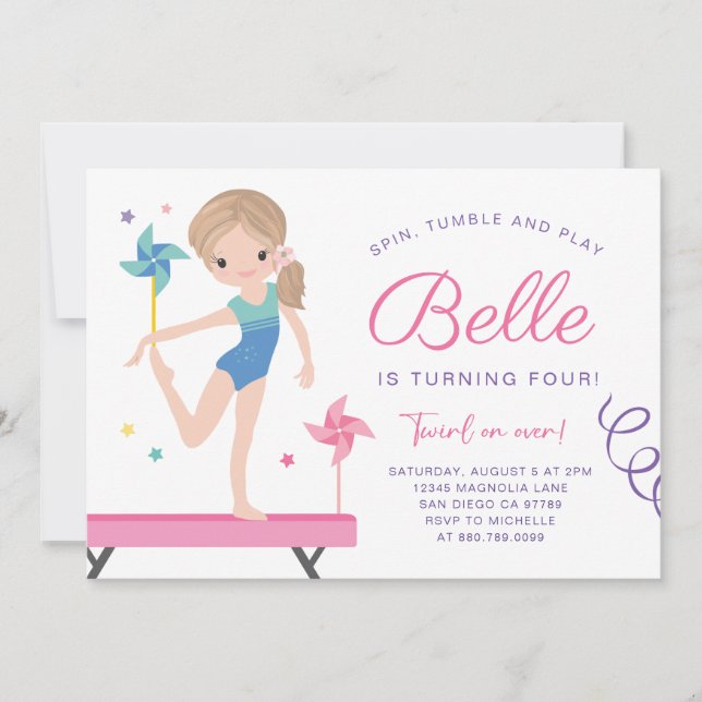 Gimnasia Invitación de cumpleaños con pinillos (Anverso)