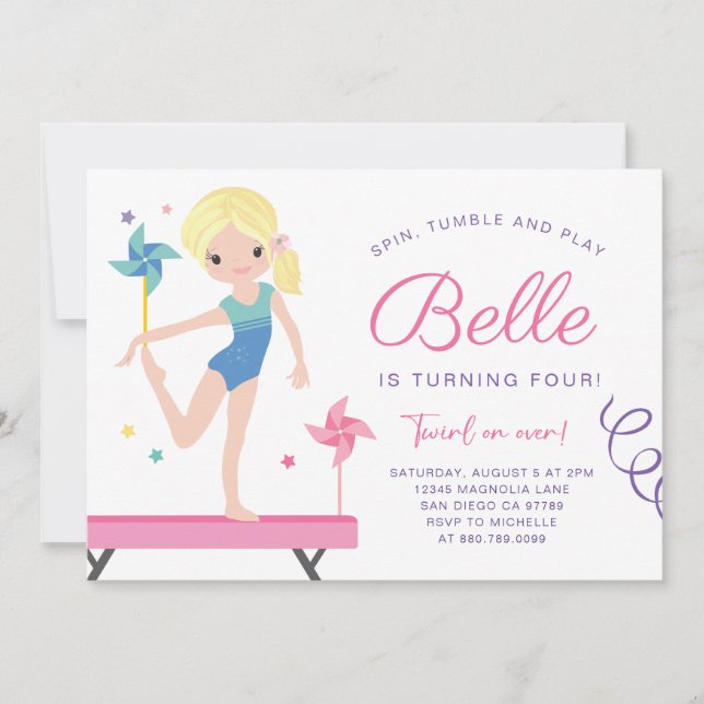 Gimnasia Invitación de cumpleaños con pinillos (Anverso)