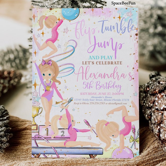 Gimnasia Invitación de cumpleaños Fiesta Gimnasia (Gymnastics Birthday Invitation Party Gymnastics)