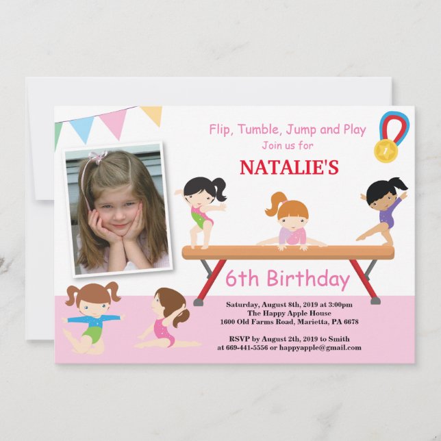 Gimnasia Invitación de cumpleaños Fiesta Gimnasio  (Anverso)