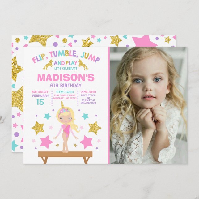 Gimnasia invitación Fiesta de gimnasia Unicorn (Anverso / Reverso)