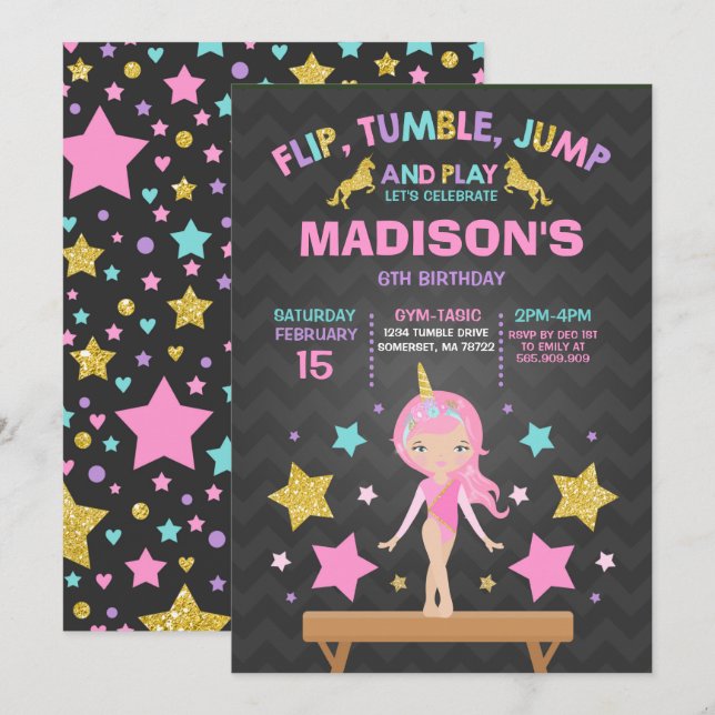 Gimnasia invitación Fiesta de gimnasia Unicorn (Anverso / Reverso)