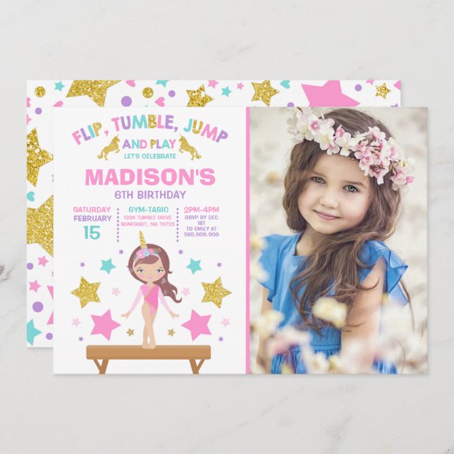 Gimnasia invitación Fiesta de gimnasia Unicorn (Anverso / Reverso)