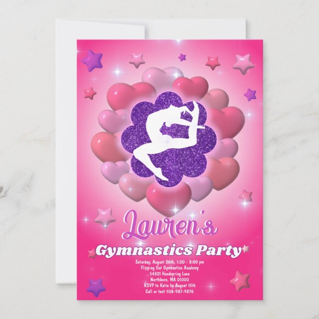 Gimnasia Partido de Cumpleaños Invitación Púrpura  (Anverso)