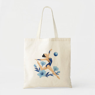 Gimnasta rítmica elegante con bolsa de flores azul