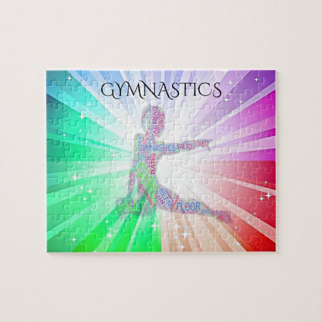 "GIMNASTICS" luces se puzzle con gimnasta. (Horizontal)