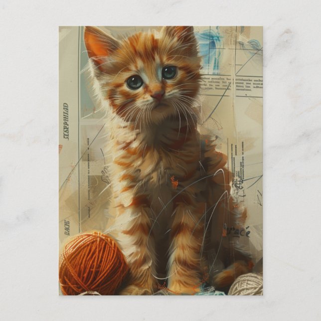 Ginger gatito lindo en postal de colegio en Yarn (Anverso)