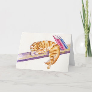 Ginger Kitten durmiente con libros Tarjeta de feli