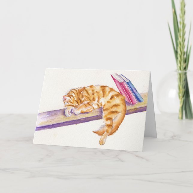 Ginger Kitten durmiente con libros Tarjeta de feli (Anverso)