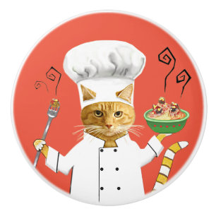 Ginger Kitty Chef en el pomo de la cerámica roja