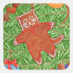 GINGERBREAD KITTY Grandes Pegatinas Cuadrados