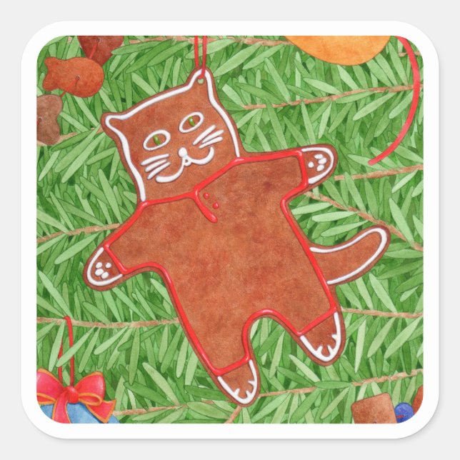 GINGERBREAD KITTY Pegatina cuadrado grande / blanc (Anverso)