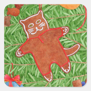 GINGERBREAD KITTY Pequeños Pegatinas Cuadrados