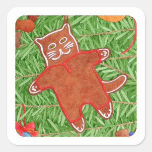 GINGERBREAD KITTY Pequeños Pegatinas cuadrados / B