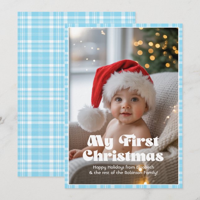 Gingham Azul Celeste Mi Primer Navidad Bebé (Anverso / Reverso)