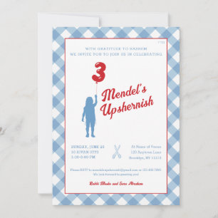 Gingham azul con invitación a los globos rojos