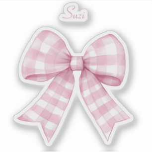 Gingham Check Pink Bow con el Pegatina de Vinyl de