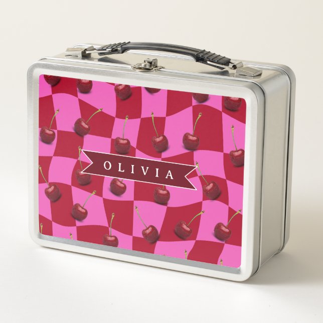 Gingham de Cereza Personalizado Retro con Nombre P (Anverso)