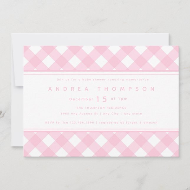 Gingham Pink | Invitación de Chica Baby Shower (Anverso)