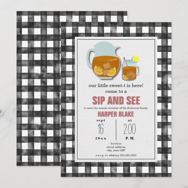 Gingham Sweet Tea Sip & See Baby Invitación (Anverso / Reverso)