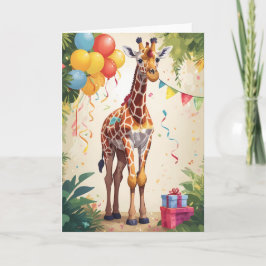 Girafa colorida con globos en la selva | Tarjeta