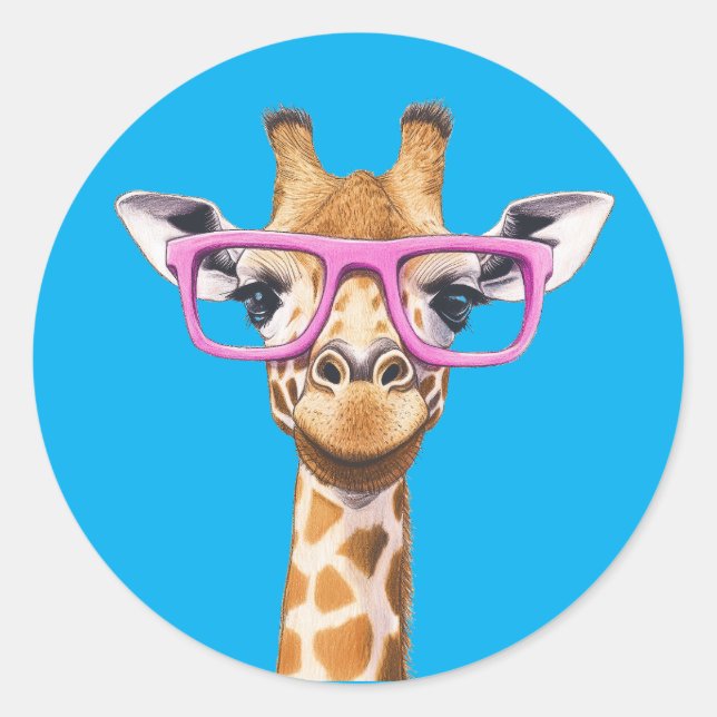 Girafa con fondo azul Pegatina de lentes rosados (Anverso)