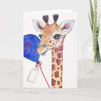 Girafa con tarjeta de celebración de globos y etiq