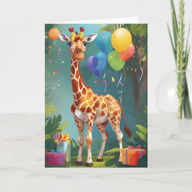 Girafa sonriente con globos y regalos | Tarjeta (Anverso)
