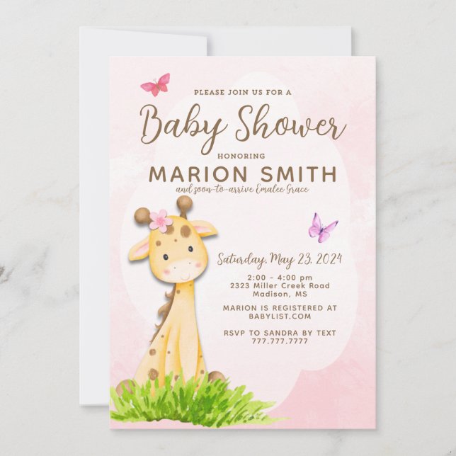 Giraffe Baby Girl Shower Watercolor Invitación (Anverso)