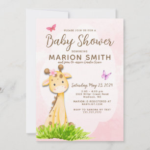 Giraffe Baby Girl Shower Watercolor Invitación