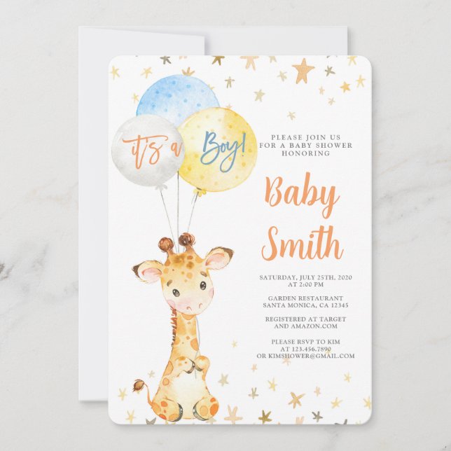 Giraffe Baby Shower Boy Invitación (Anverso)