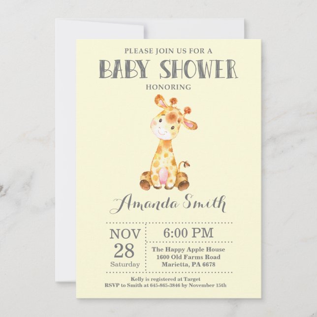 Giraffe Baby Shower Invitación amarillo y gris (Anverso)