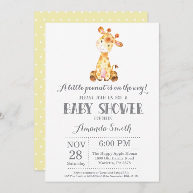 Giraffe Baby Shower Invitación amarillo y gris (Anverso / Reverso)