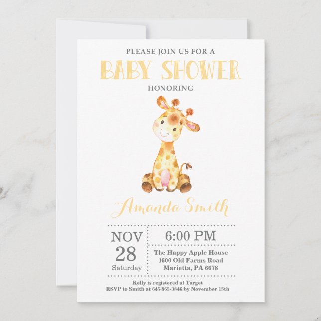 Giraffe Baby Shower Invitación amarillo y gris (Anverso)