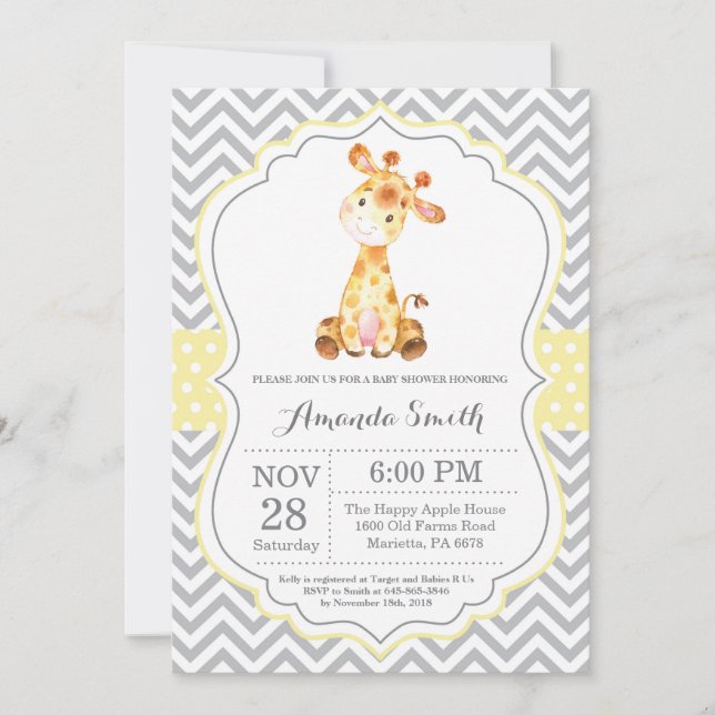 Giraffe Baby Shower Invitación amarillo y gris (Anverso)
