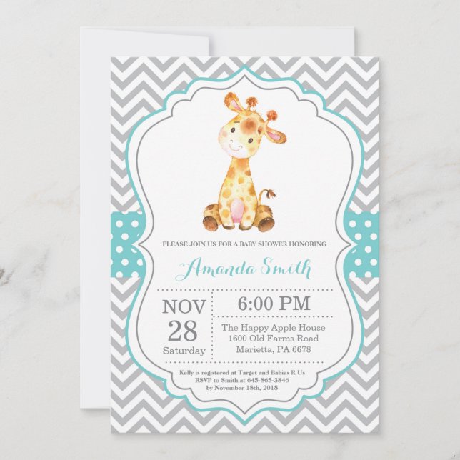 Giraffe Baby Shower Invitación Aqua y Gray (Anverso)