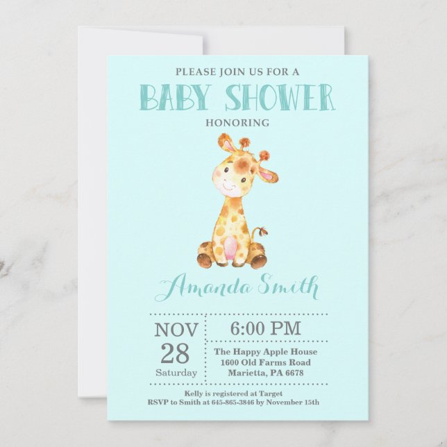 Giraffe Baby Shower Invitación Aqua y Gray (Anverso)