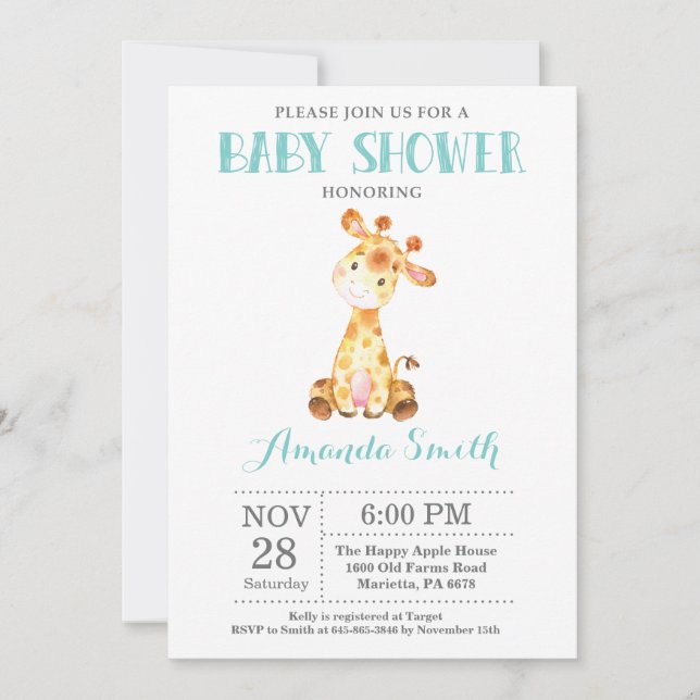 Giraffe Baby Shower Invitación Aqua y Grey (Anverso)