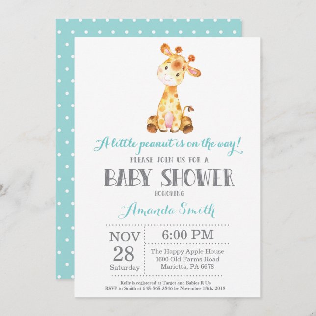 Giraffe Baby Shower Invitación Aqua y Grey (Anverso / Reverso)